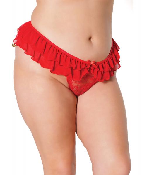 Holiday Stretch Lace & Mesh Crotchless Panty W/ruffle Jingle Bell Waist Red Os/xl