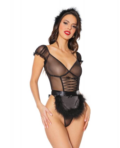 Holiday Mistletoe Maid Stretch Mesh Teddy, Marabou Trimmed Apron & Headband Black O/s