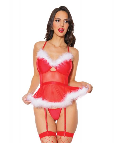 Holiday Stretch Mesh Santa Bustier W/marabou Trim & G-string Red/white O/s