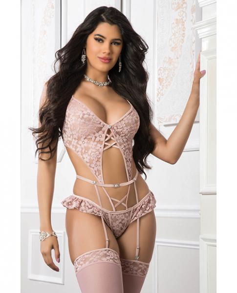 Garter Corset Teddy & Stockings Deep Rose O/s