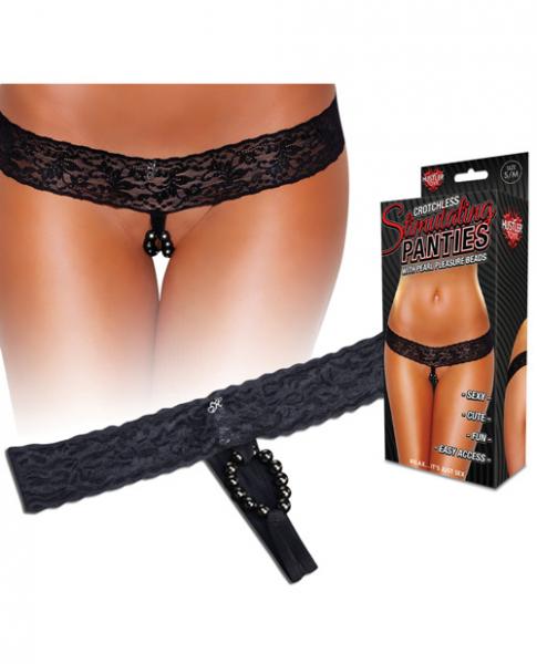 Hustler Crotchless Stimulating Thong With Pearl Pleasure Beads Black S/M