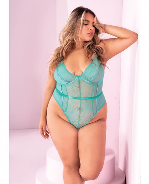 Floral Lace Peek A Boo Open Back Teddy Aqua 1x/2x