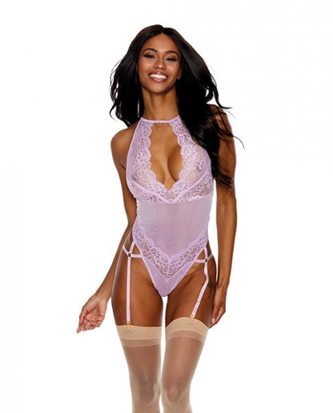 Lace & Mesh Gartered Teddy Lilac Xxl