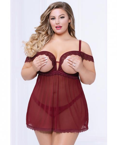 Lace & Mesh Open Cups Babydoll W/fly Away Back & Panty Wine 1x/2x