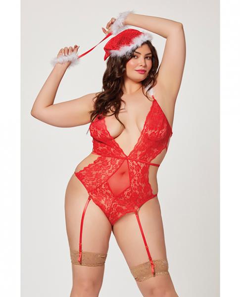 Holiday Strappy Lace Santa Teddy W/marabou Handcuffs & Hat Red Qn
