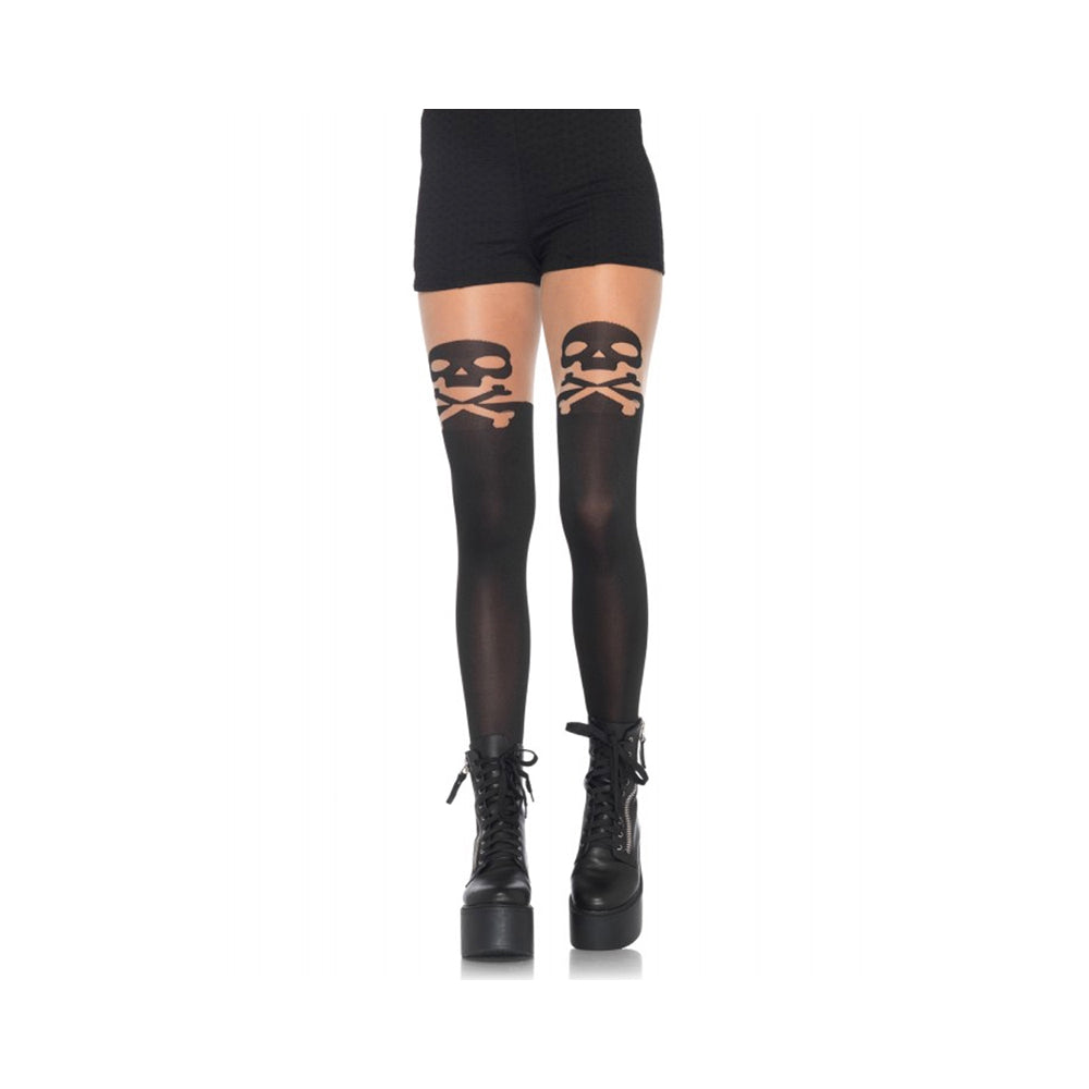 Skull, Crossbone Opaque Pantyhose Thigh Accent O/S Black