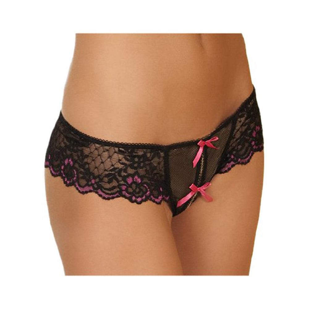 Crotchless Lace Thong W/bows Black 1x/2x