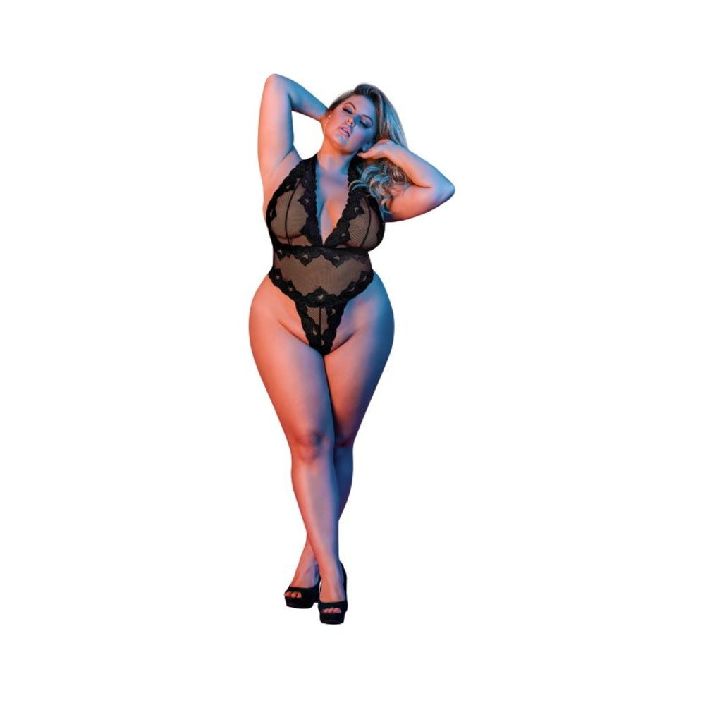 Magic Silk Sexy Time Deep Plunge Halter Teddy Black Queen Size