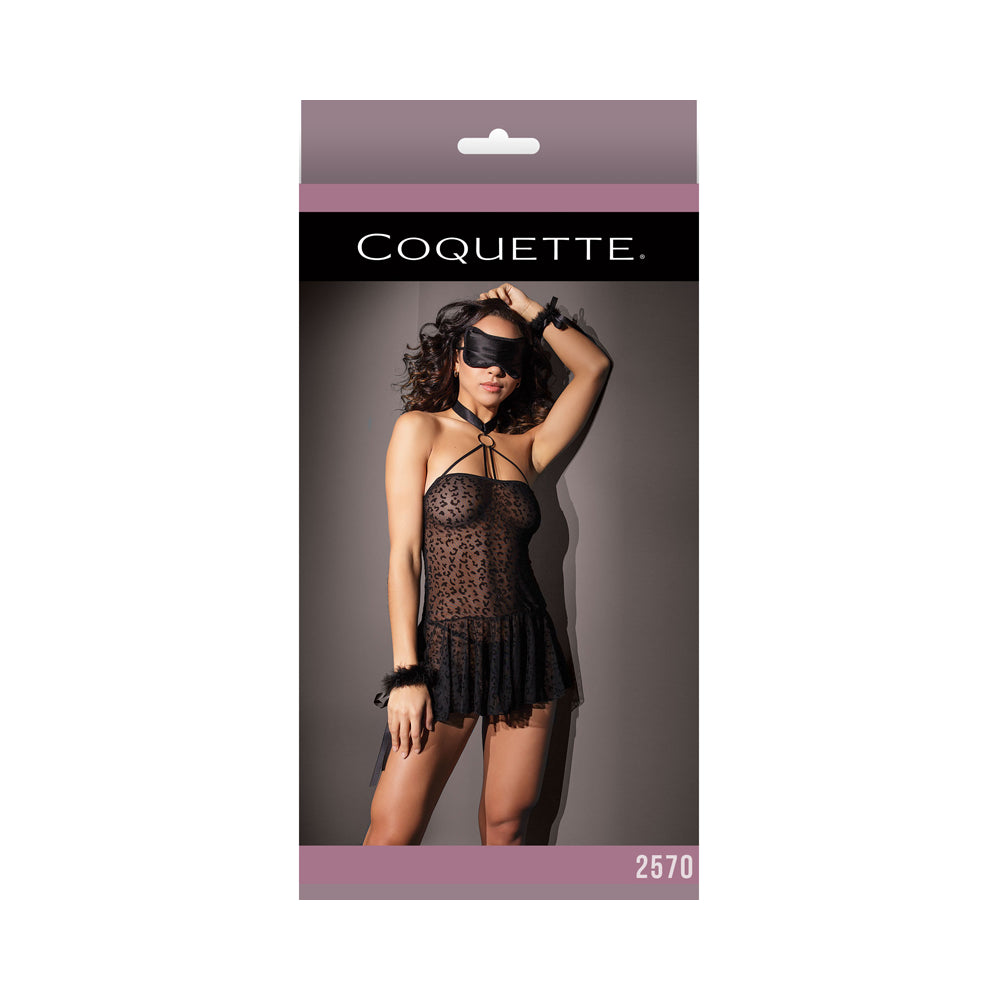 Kitty Leopard Mesh Halter Babydoll W/ Cuffs & Eye Mask Os