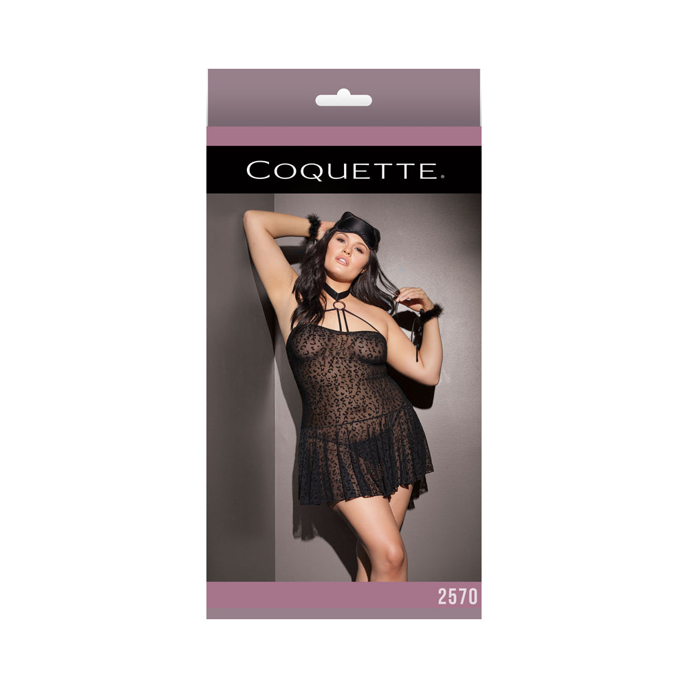 Kitty Leopard Mesh Halter Babydoll W/ Cuffs & Eye Mask Xl