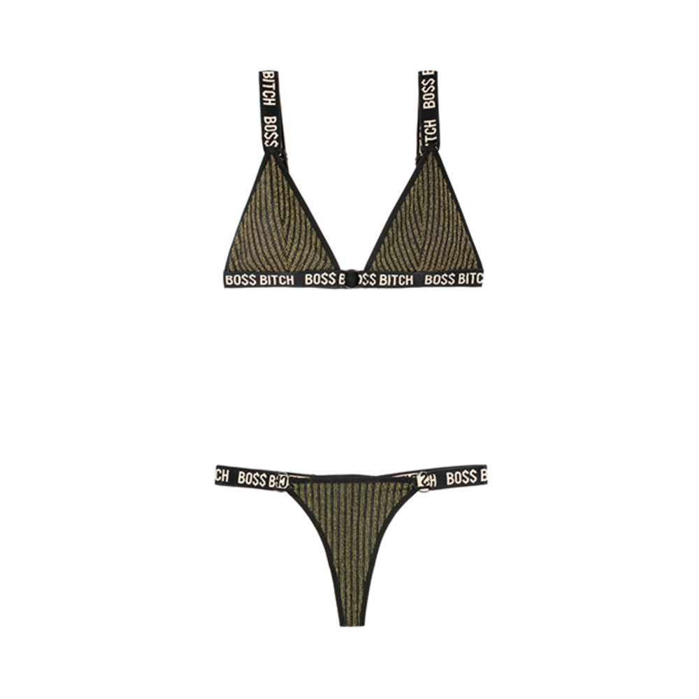 Vibes Boss Bitch Bra/panty Gold Ring Blk M/l