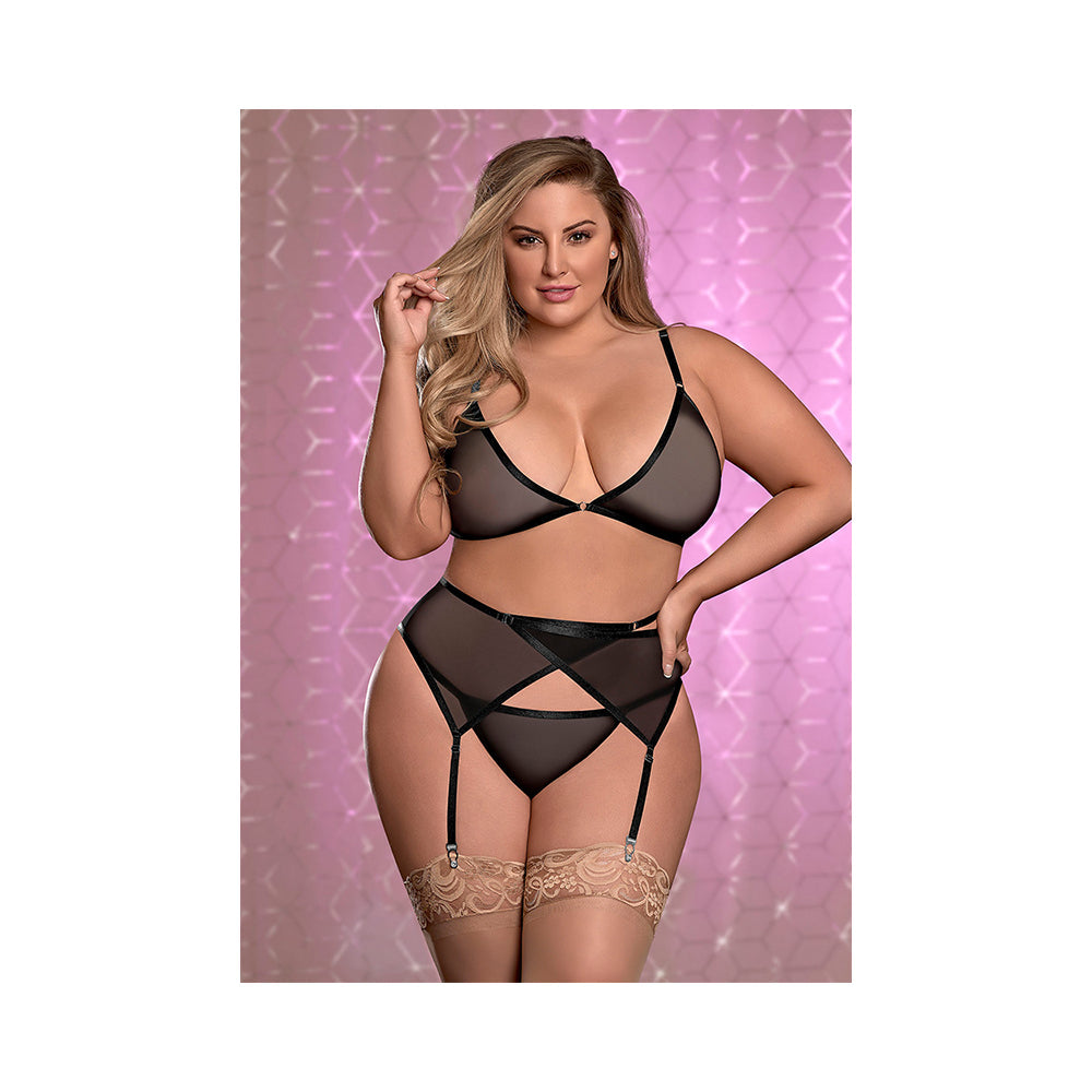 Ms Sheer Mesh Bra Garter & Panty Blk 1 Size Queen