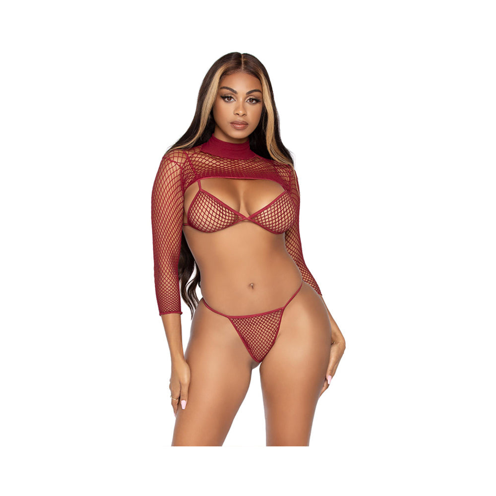 Industrial Net Bikini Top. G-string, Long Sleeve Burgundy Os