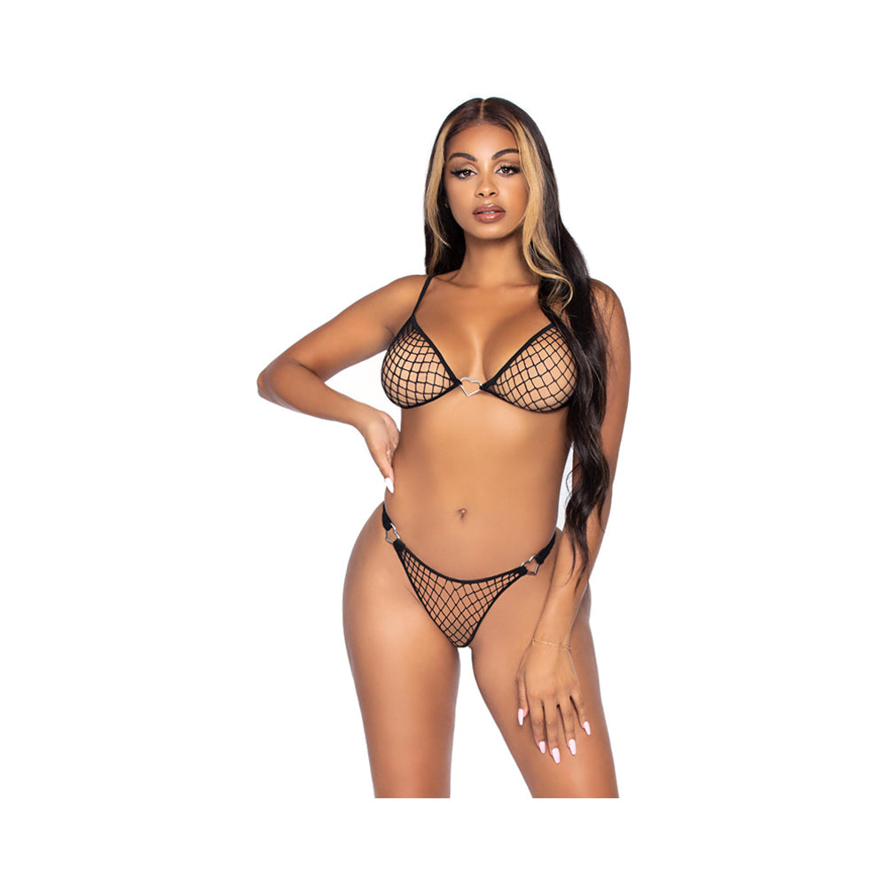 Industrial Net G String Bikini Set W/ Heart Accent Black Os