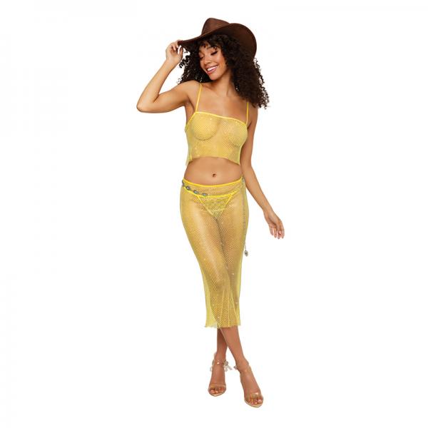 Dreamgirl Iridescent Rhinestone Embellished Fishnet Camisole And G-string Set Citrus L