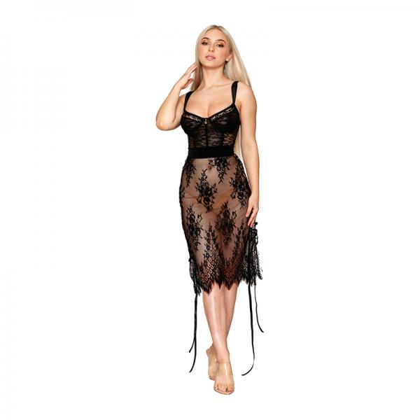 Dreamgirl Floral Lace And Stretch Velvet Slip Chemise Black M