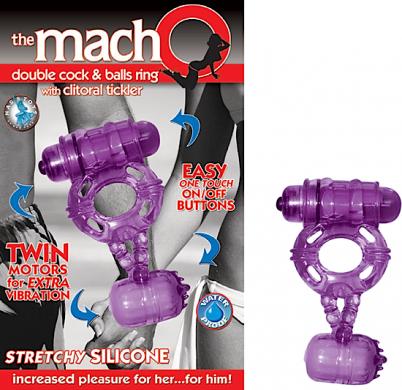 The Macho Double Cock And Balls Ring With Clitoral Tickler Silicone Waterproof Purple