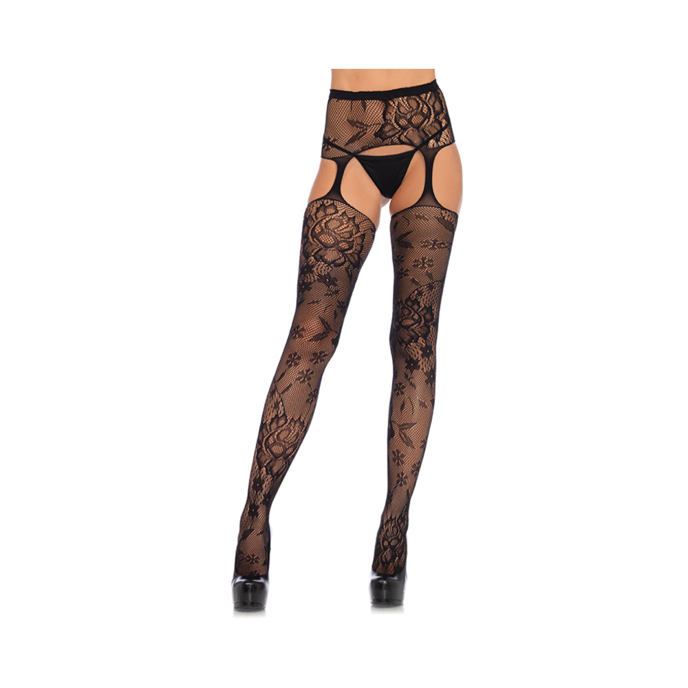 Floral Lace Stockings With Attached High Waist Garter Belt O/s Black